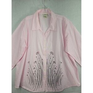 VTG Las Olas Button Up Shirt Pink Stripe Size XL 3/4 Sleeve Floral Rhinestones